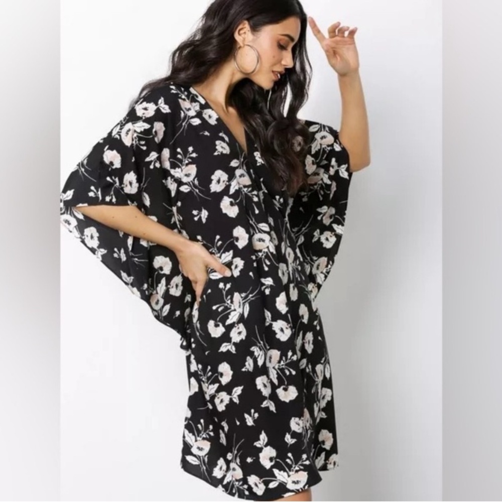 RALPH LAUREN Black Crepe Floral V-neck Ruffle Sleeve Shift Dress Large
